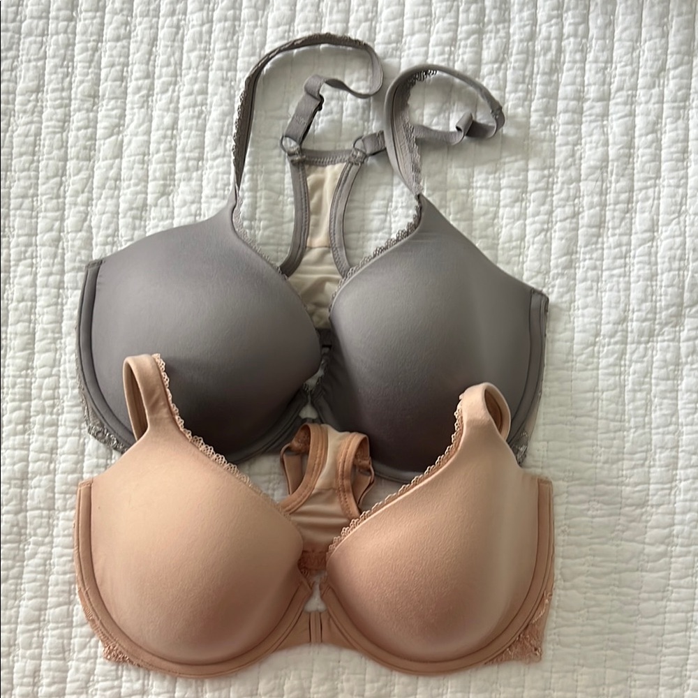 Body by Victoria Women's Gray and Tan Racerback Front close Bras (2) 32DD